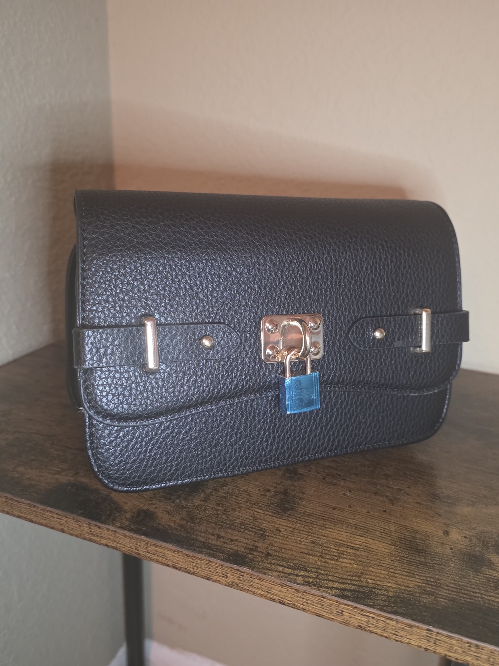 Black Pebbled Vegan Leather Crossbody Bag with Gold Hardware